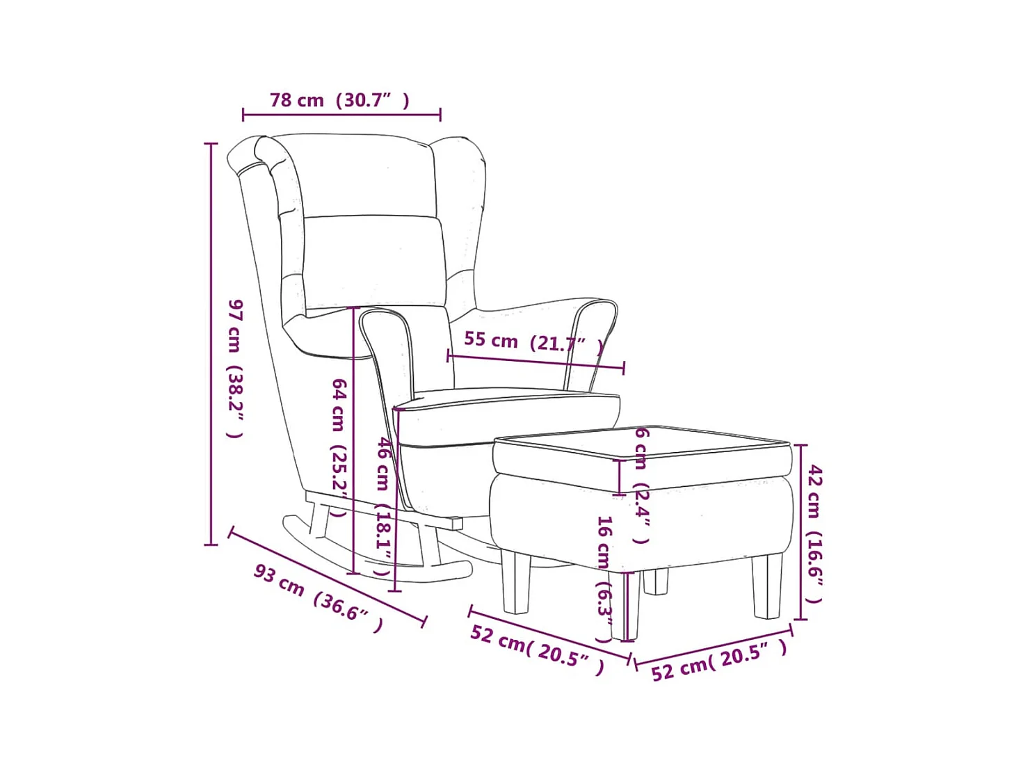 Schommelstoel met houten poten en voetenbank fluweel wijnrood