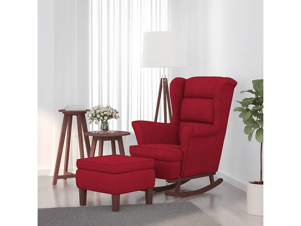 Fauteuil à bascule à oreilles en velours rouge vin bois massif