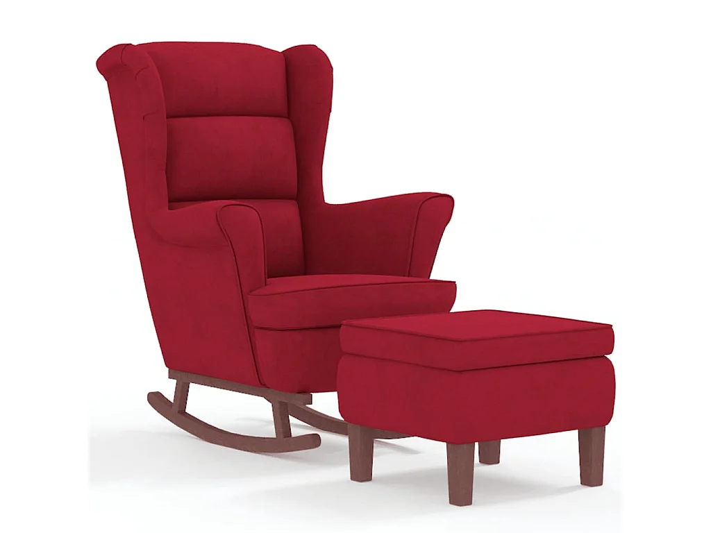 Fauteuil à bascule à oreilles en velours rouge vin bois massif