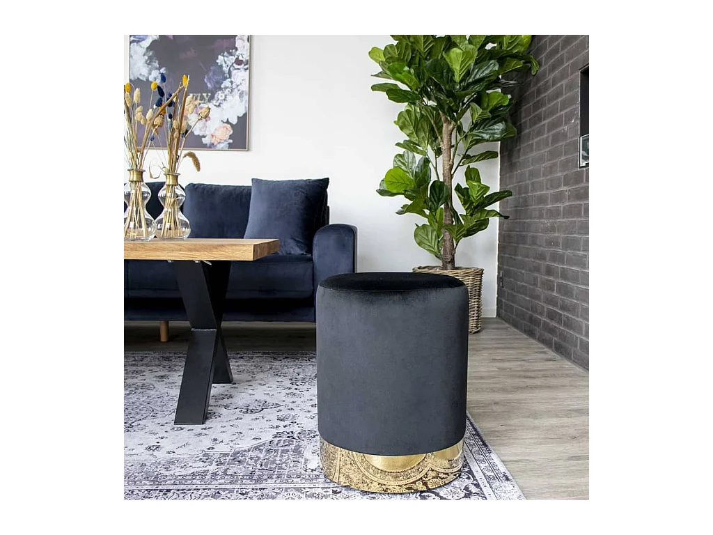 Pouf rond MYLA – Velours & base laiton-Noir