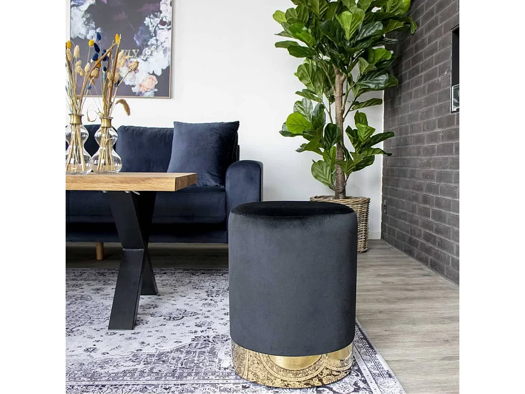 Pouf rond MYLA – Velours & base laiton-Noir