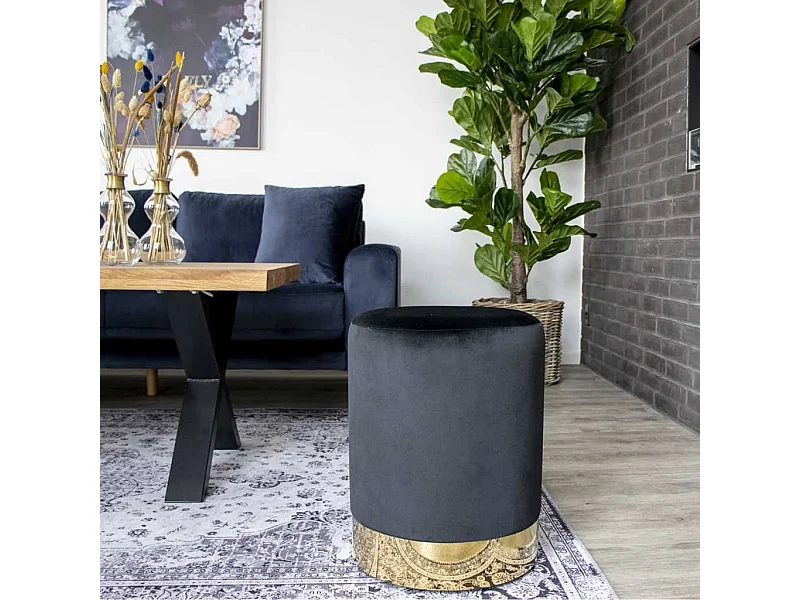 Zwart fluwelen poef en goud metalen poten Neer-Kleur Zwart