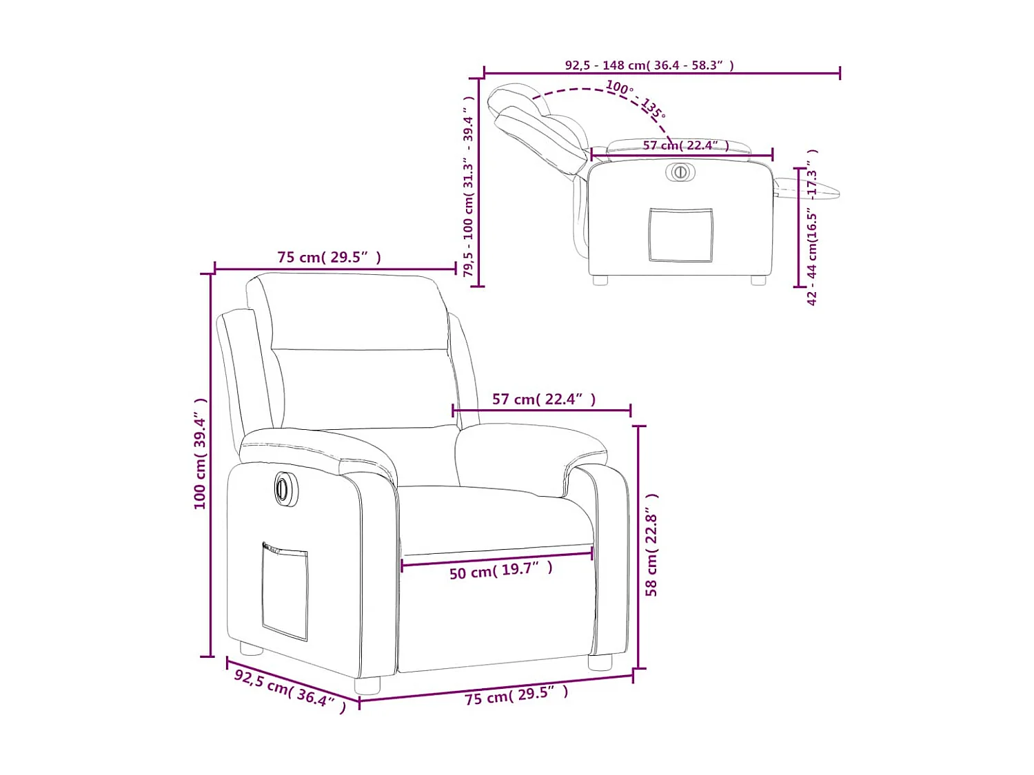Sillón reclinable eléctrico de terciopelo verde oscuro