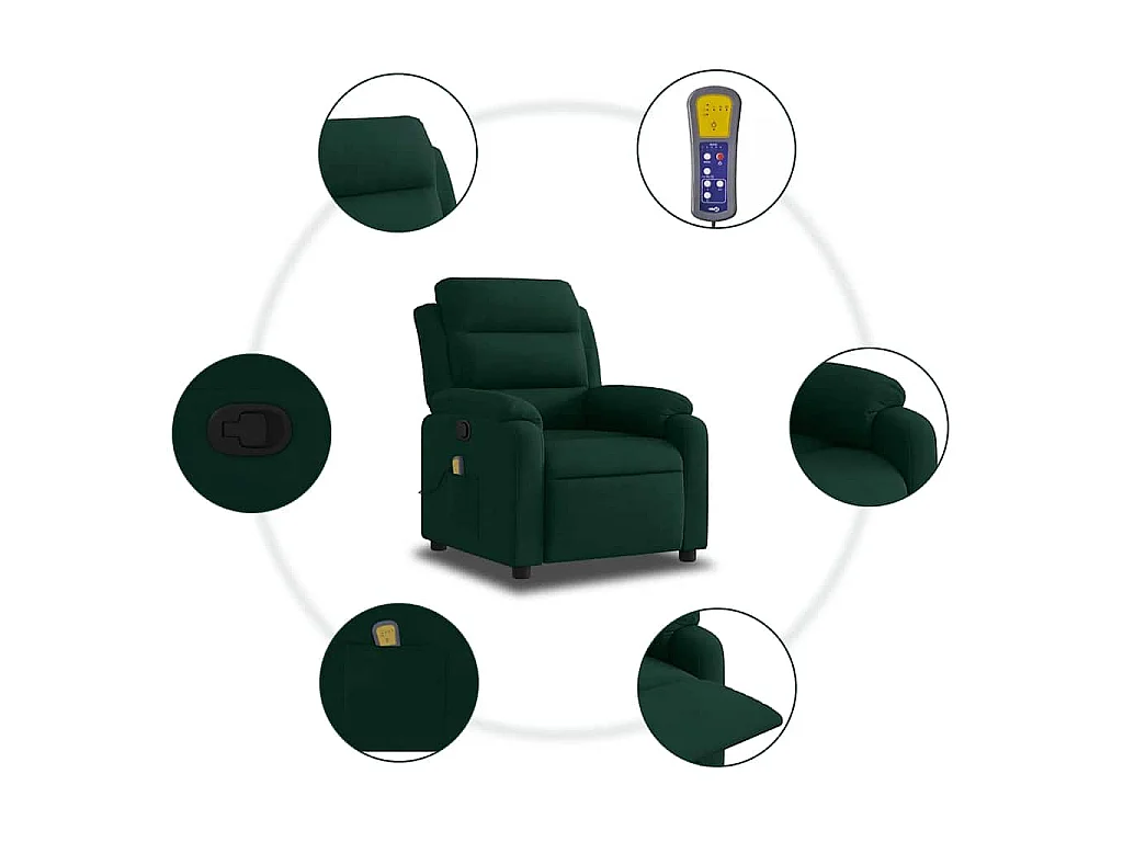 Poltrona de massagens reclinável veludo verde-escuro