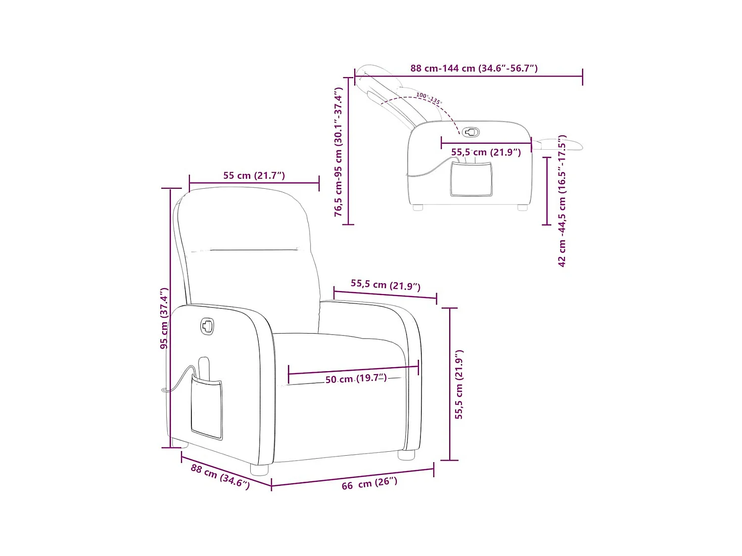 Poltrona de massagens reclinável tecido cinzento-escuro