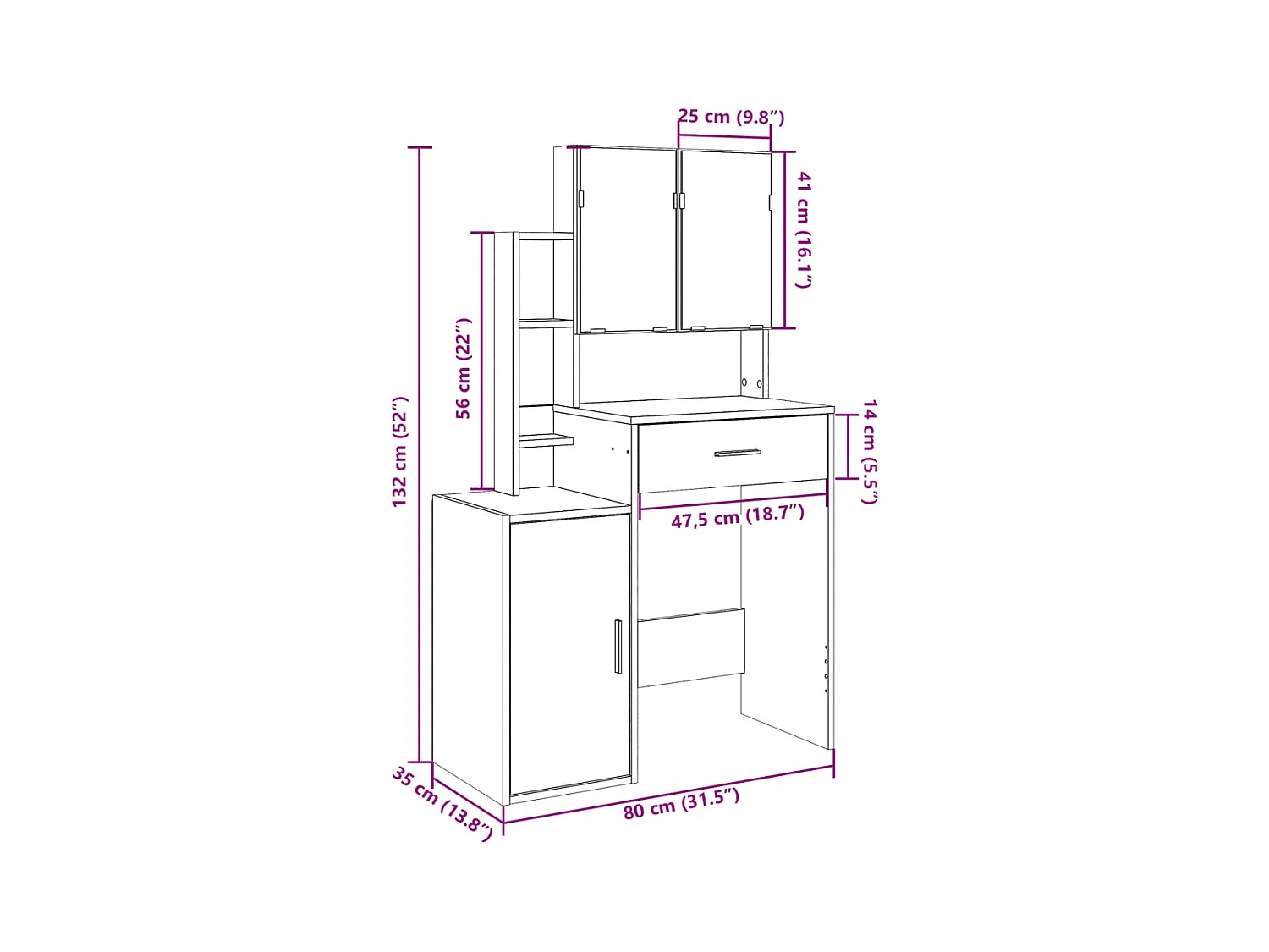 Coiffeuse avec armoire chêne fumé 80x35x132 cm