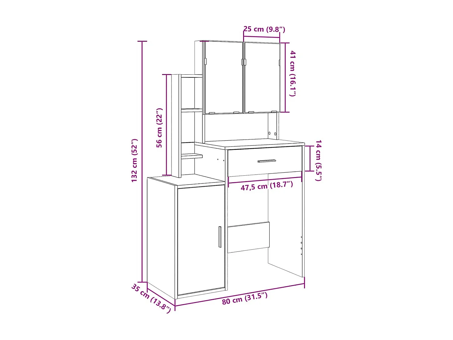 Coiffeuse avec armoire chêne fumé 80x35x132 cm