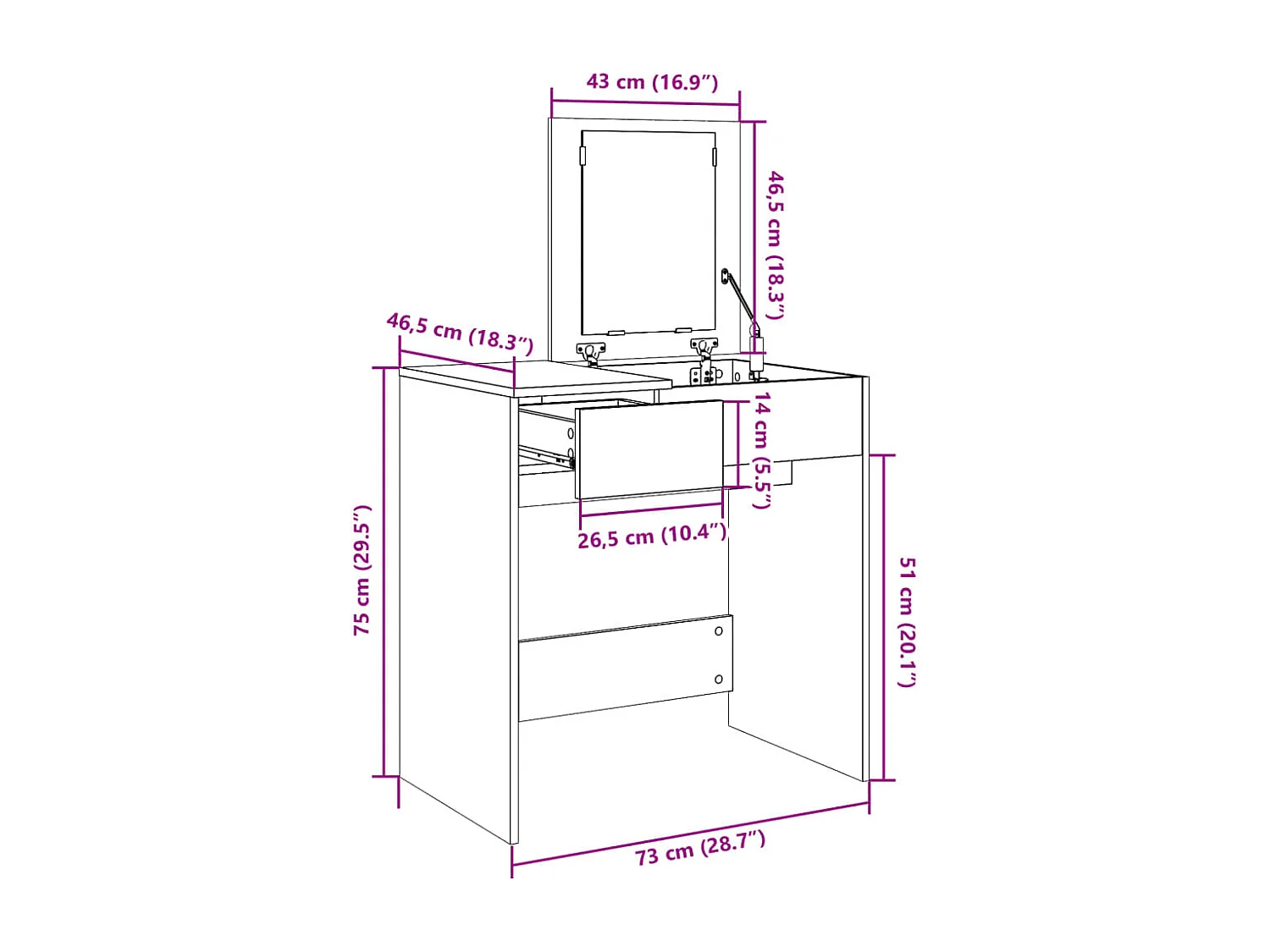 Schminktisch mit Spiegel Braun Eichen-Optik 73x46,5x120 cm