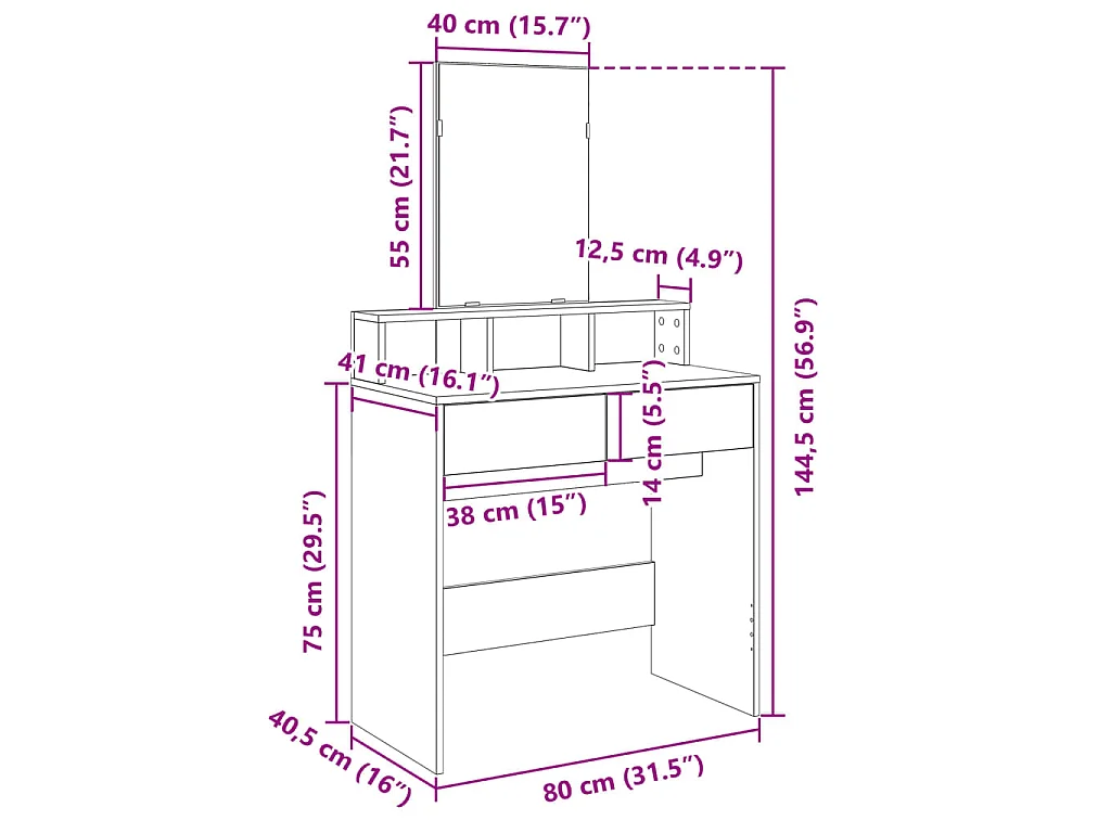 Coiffeuse avec miroir chêne fumé 80x41x144,5 cm