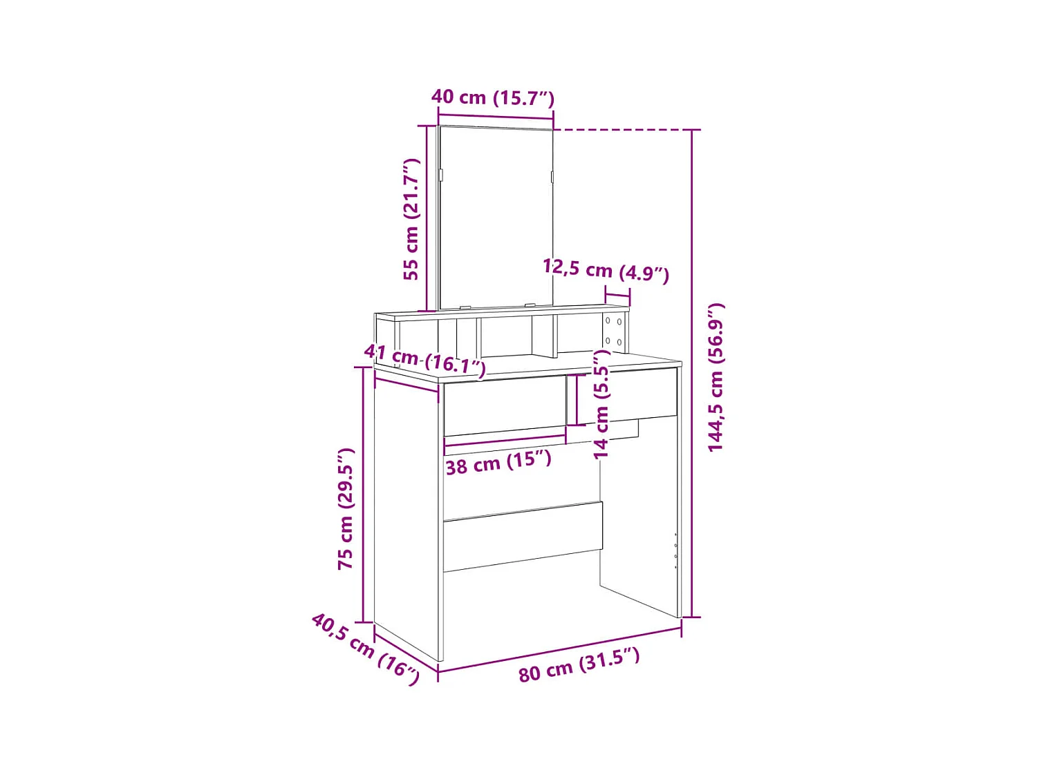 Toeletta con Specchio Bianco 80x41x144,5 cm