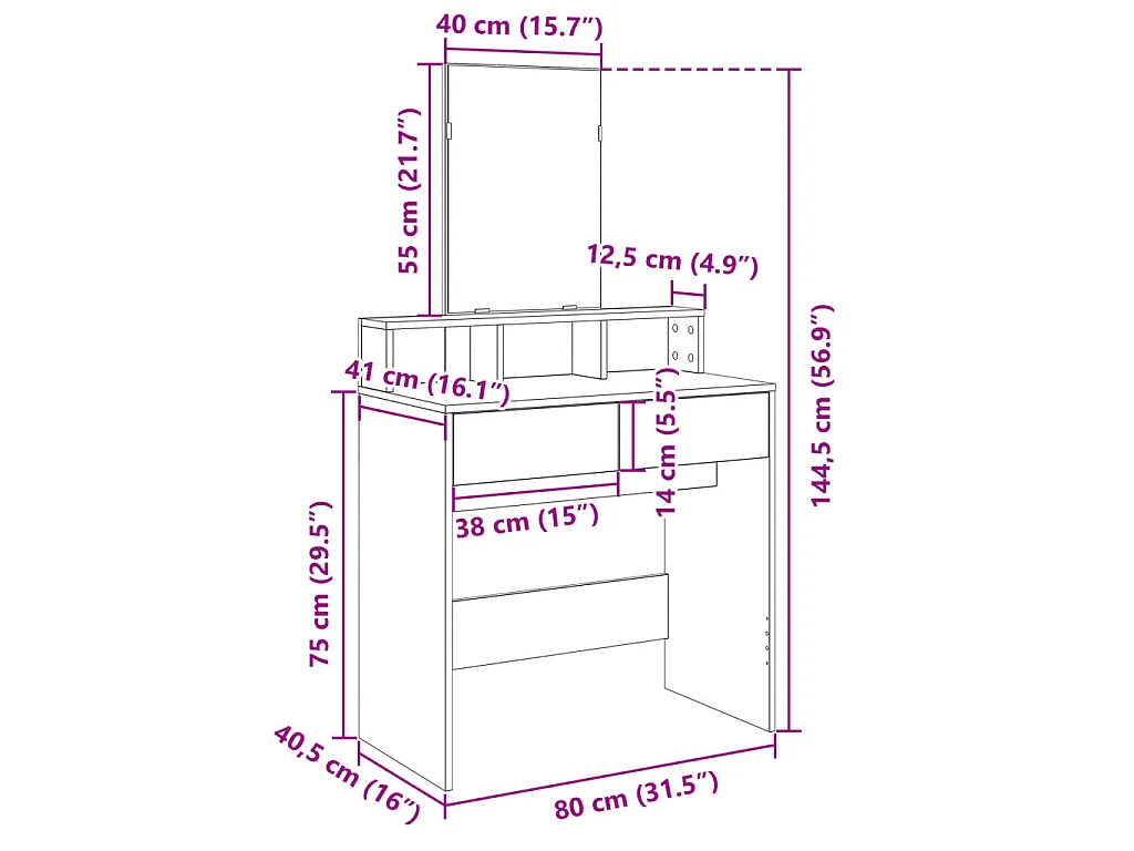 Kaptafel met spiegel 80x41x144,5 cm wit