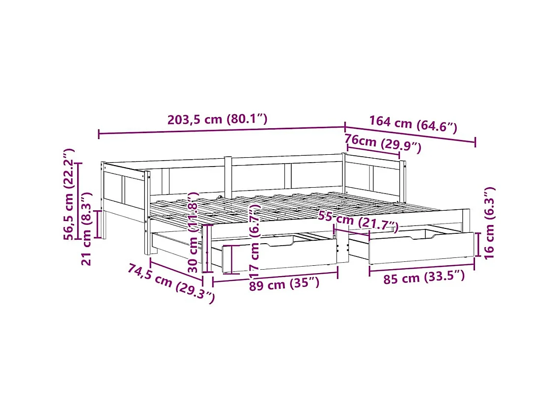 Slaapbank met onderschuifbed en lades zonder matras 80x200 cm