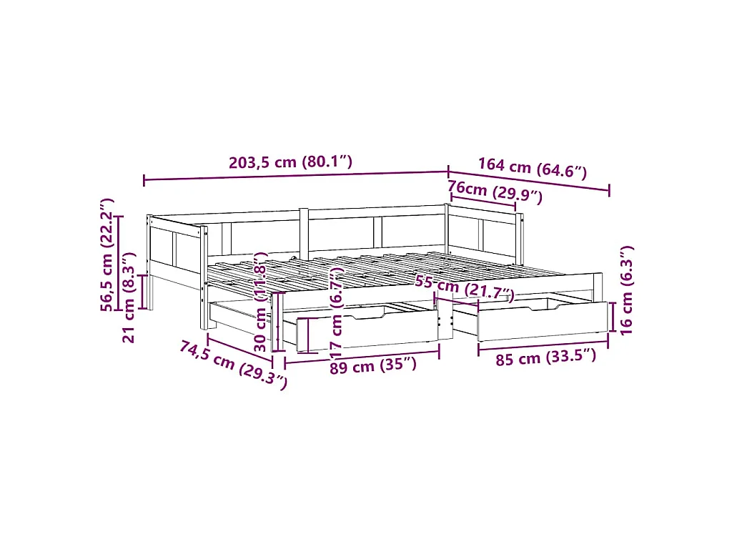 Slaapbank met onderschuifbed en lades zonder matras 80x200 cm