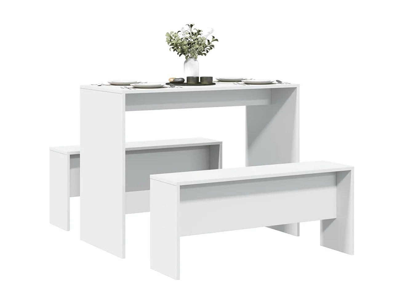 Ensemble table à manger et bancs 3pcs blanc bois d'ingénierie