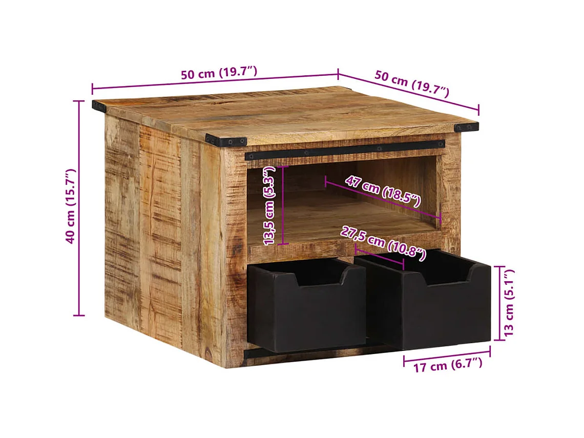 Salontafel met lades 50x50x40 cm massief mangohout