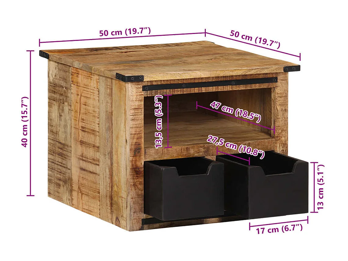 Table basse avec tiroirs 50x50x40 cm bois de manguier massif