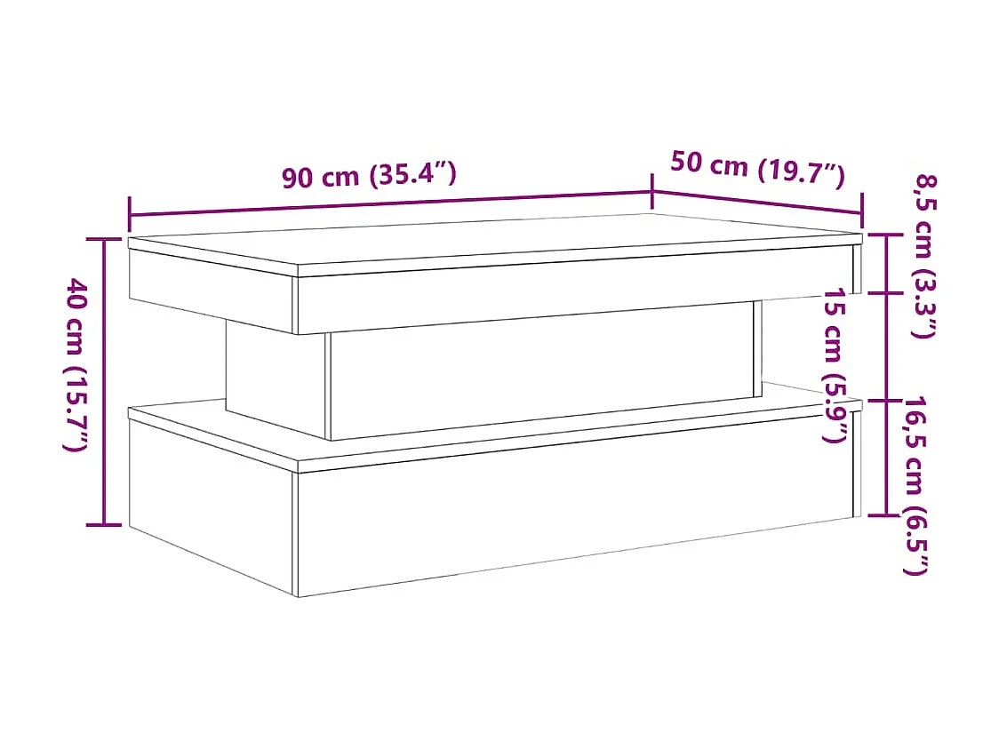 Table basse avec lumières LED chêne artisanal 90x50x40 cm