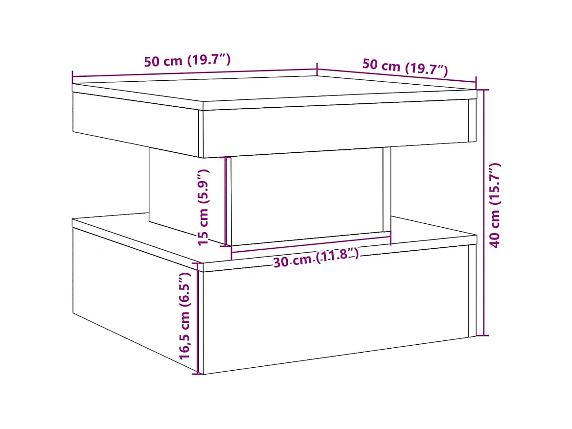 Table basse avec lumières LED vieux bois 50x50x40 cm