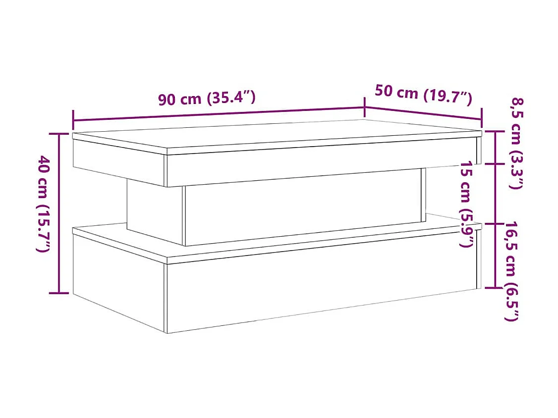 Table basse avec lumières LED vieux bois 90x50x40 cm
