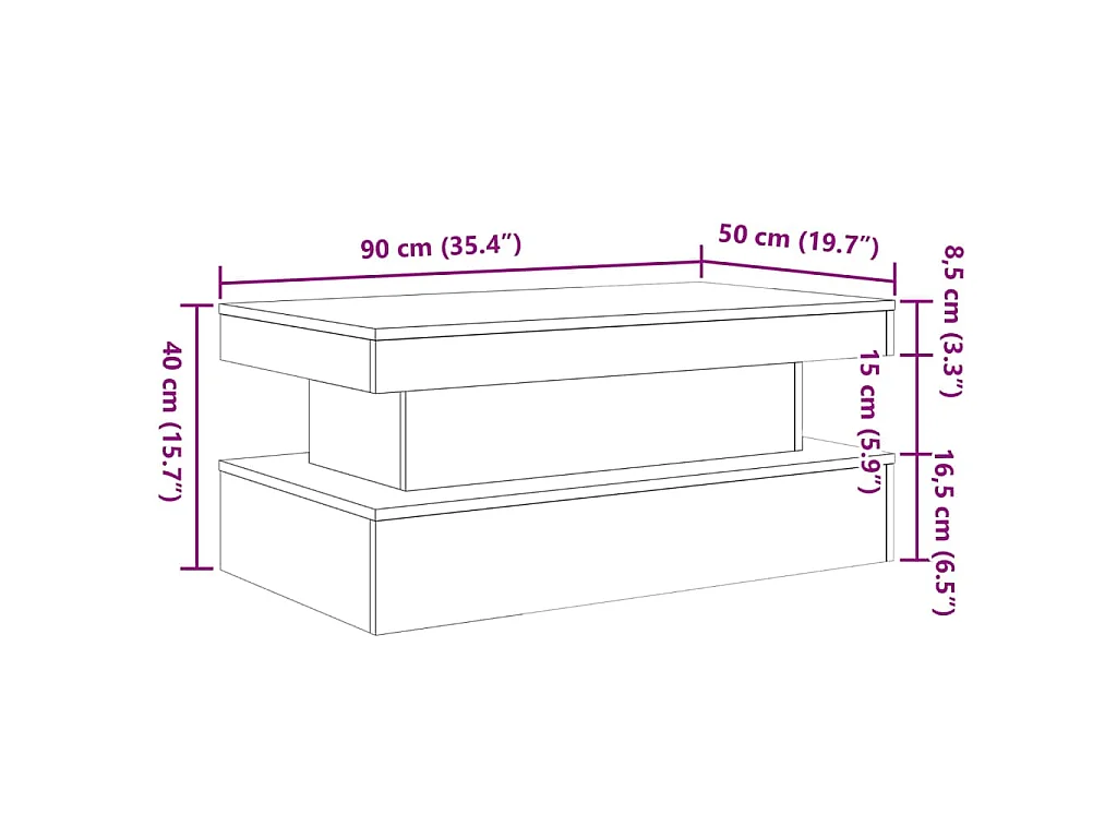 Table basse avec lumières LED vieux bois 90x50x40 cm