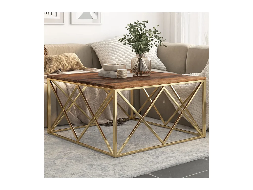 Table basse doré acier inoxydable et bois de mélèze massif