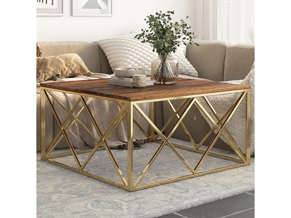 Table basse doré acier inoxydable et bois de mélèze massif