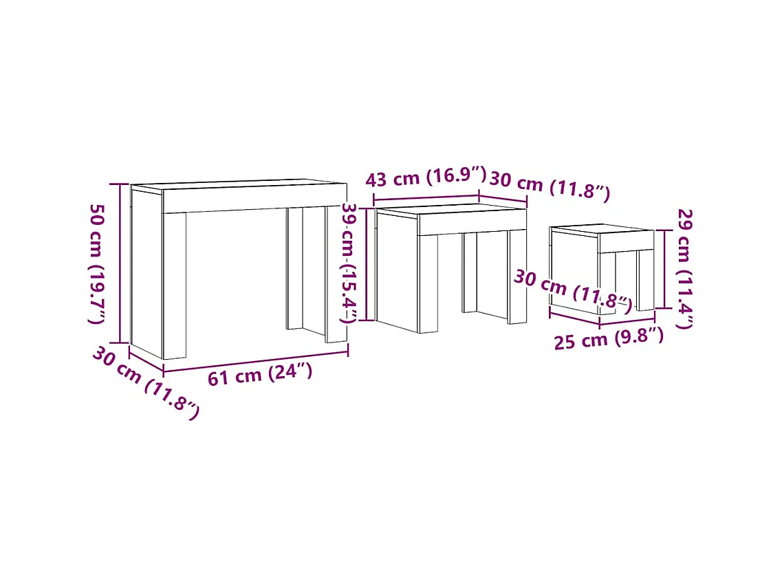 Tables basses gigognes 3 pcs chêne artisanal bois d'ingénierie