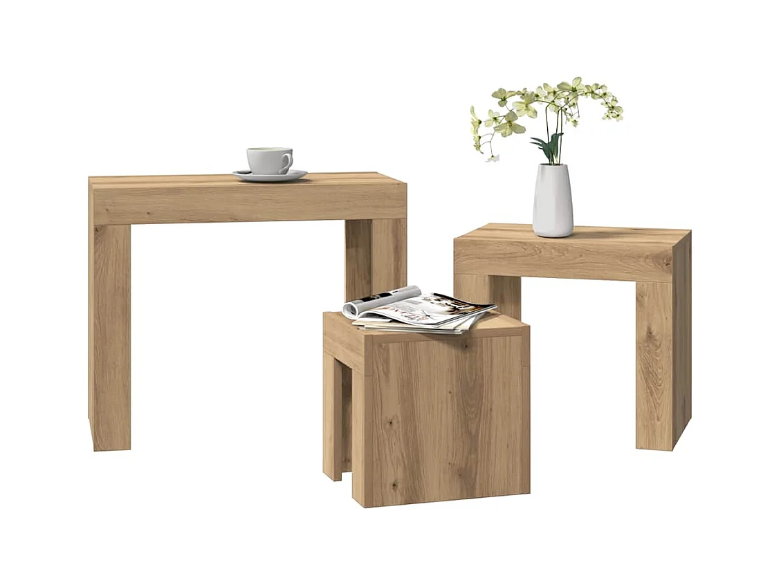 3-delige Tafeltjesset bewerkt hout artisanaal eikenkleurig