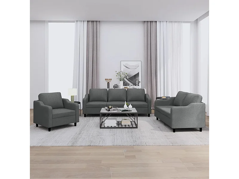 Set di Divani 3 pz con Cuscini Grigio Scuro in Tessuto