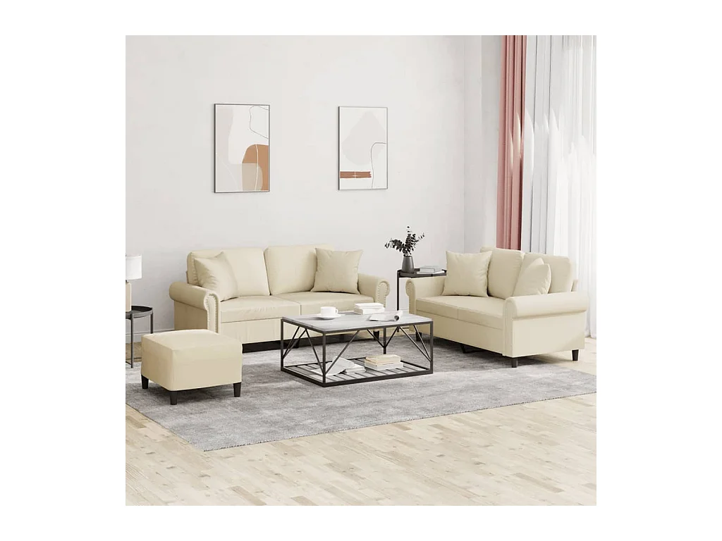 Set di Divani 3 pz con Cuscini Crema in Similpelle
