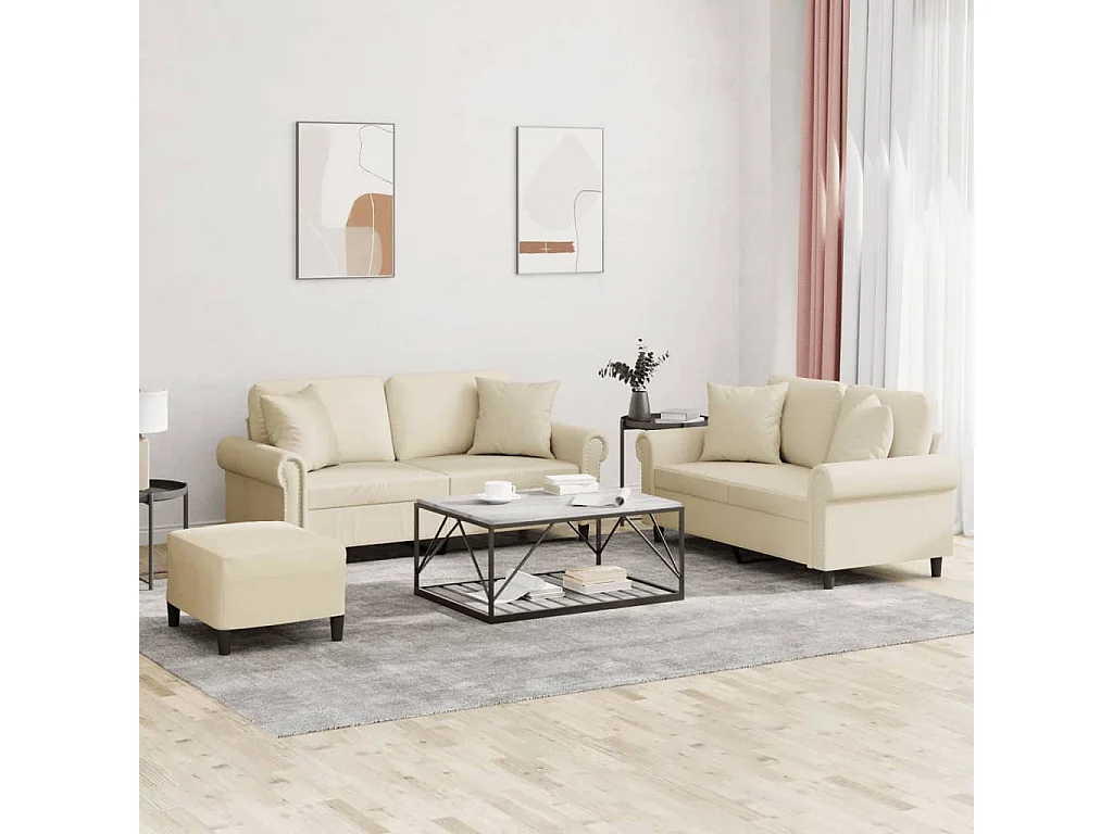 Set di Divani 3 pz con Cuscini Crema in Similpelle