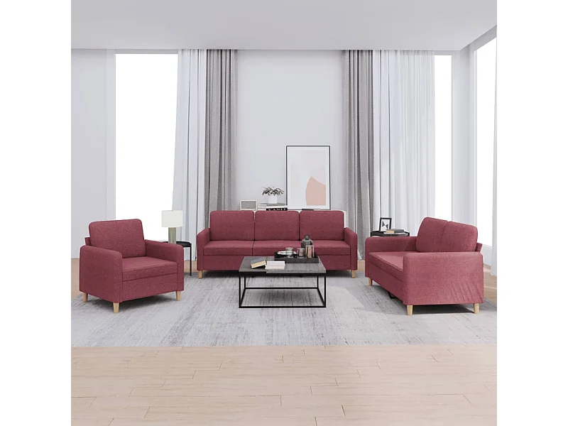 Set di Divani 3 pz con Cuscini Rosso Vino in Tessuto