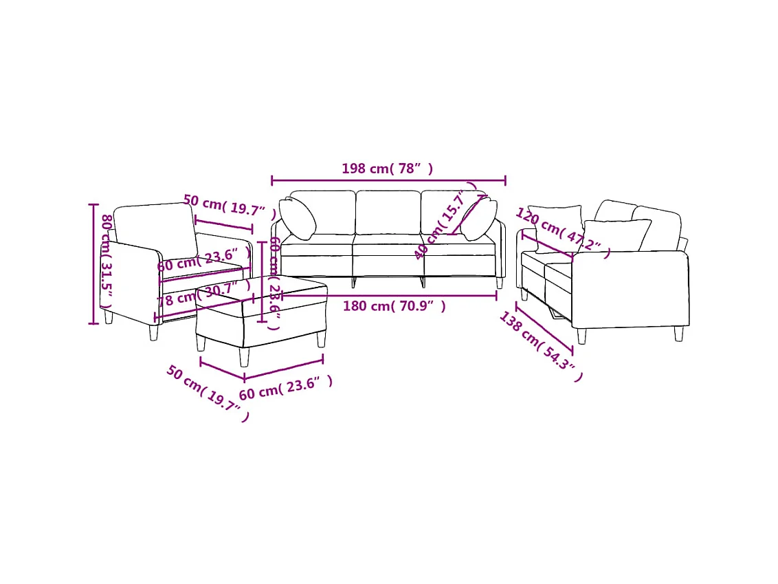 4-tlg. Sofagarnitur mit Kissen Dunkelgrau Stoff