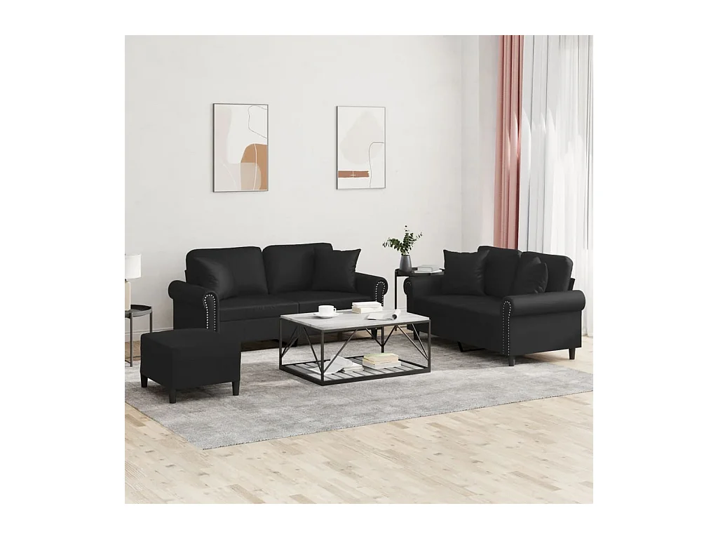 Ensemble de canapés 3 pcs avec coussins noir similicuir