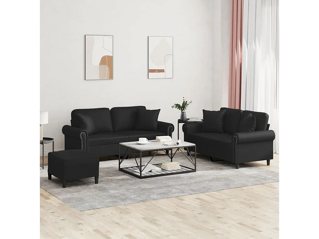 Ensemble de canapés 3 pcs avec coussins noir similicuir