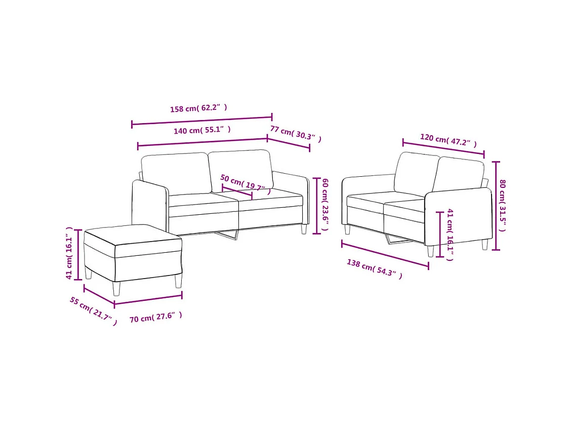 Ensemble de canapés 3 pcs rose velours