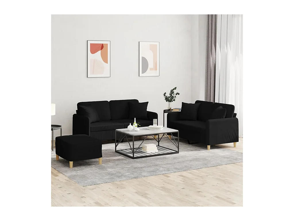 3-tlg. Sofagarnitur mit Kissen Schwarz Stoff
