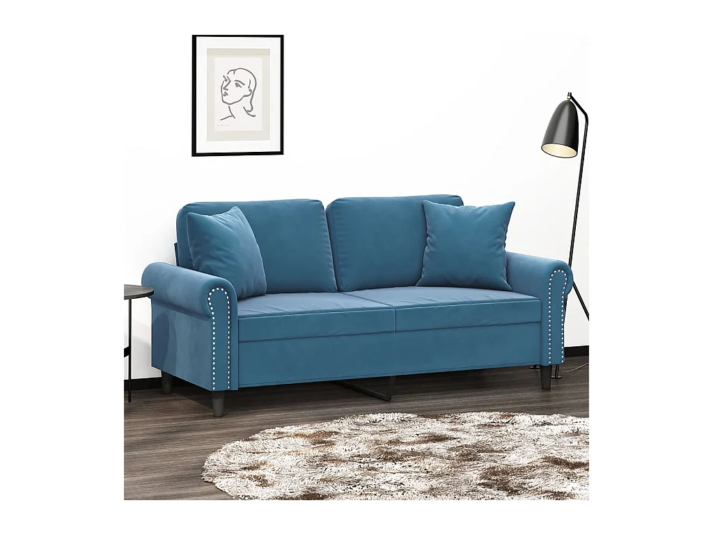 Canapé 2 places avec oreillers décoratifs bleu 140 cm velours