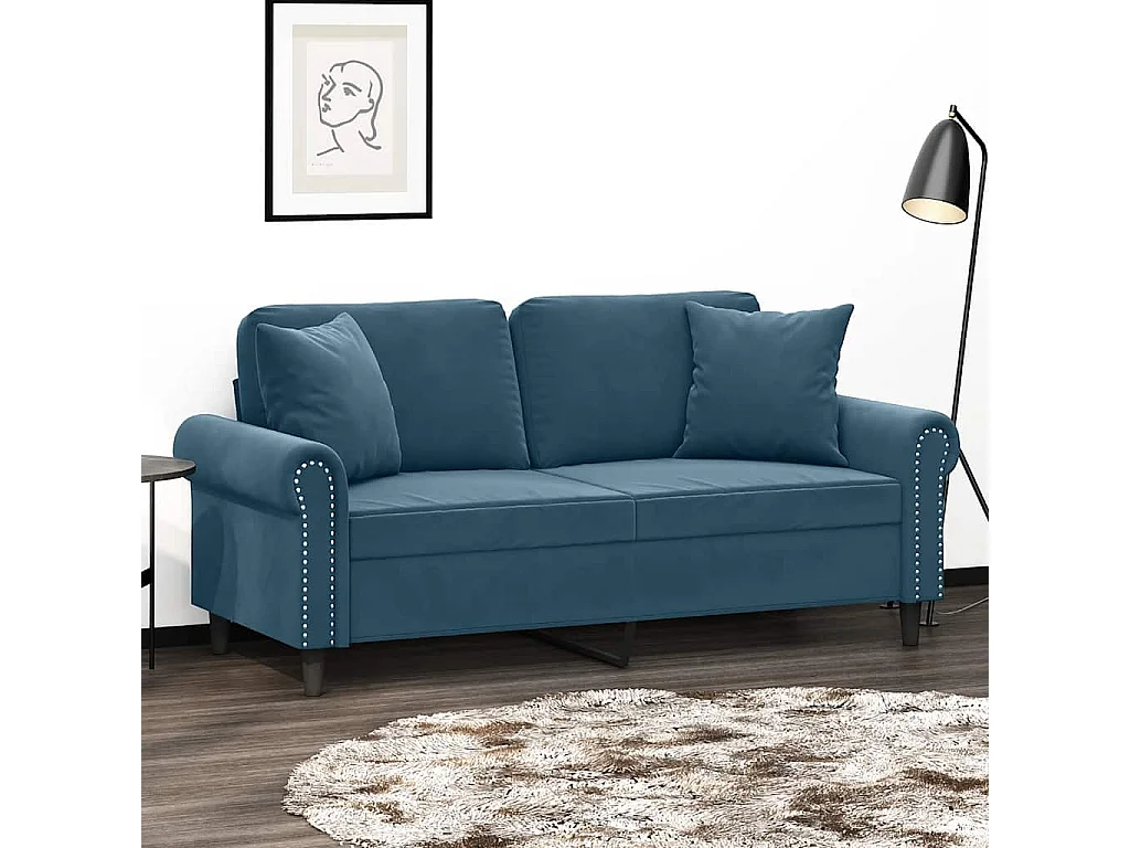 Canapé 2 places avec oreillers décoratifs bleu 140 cm velours