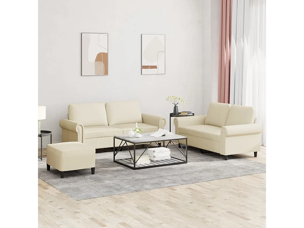 3-tlg. Sofagarnitur mit Kissen Creme Kunstleder