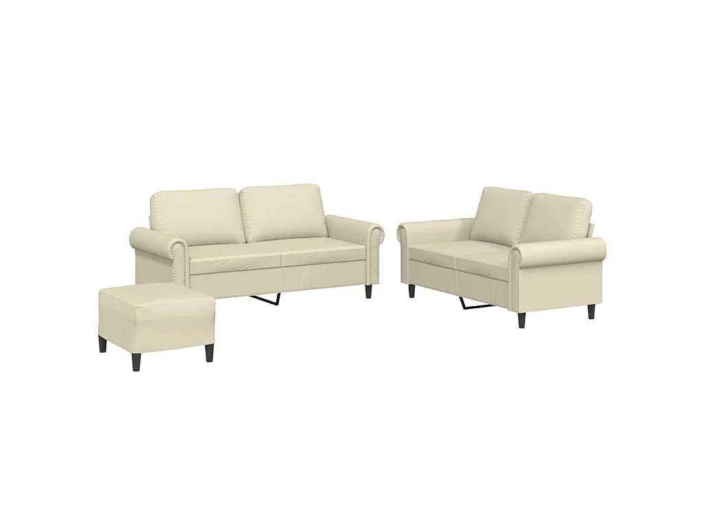 3 pcs conjunto sofás c/ almofadões couro artificial cor creme