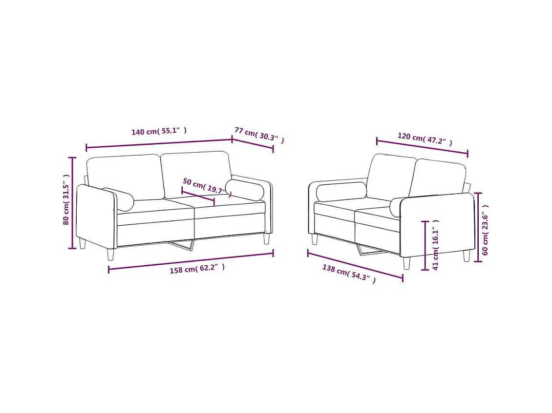 Ensemble de canapés 2 pcs avec coussins rose velours