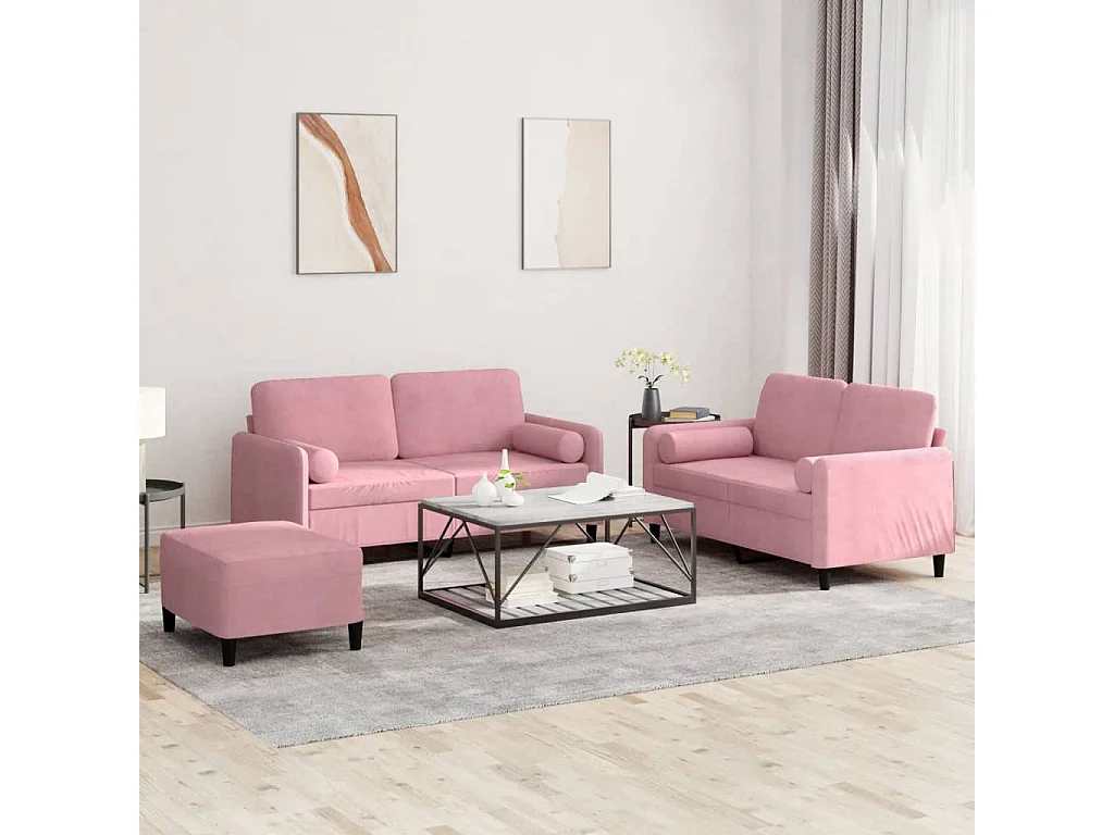 3-delige Loungeset met kussens fluweel roze