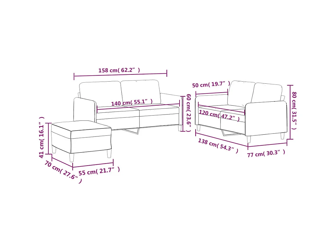 3-delige loungeset met kussens stof zwart