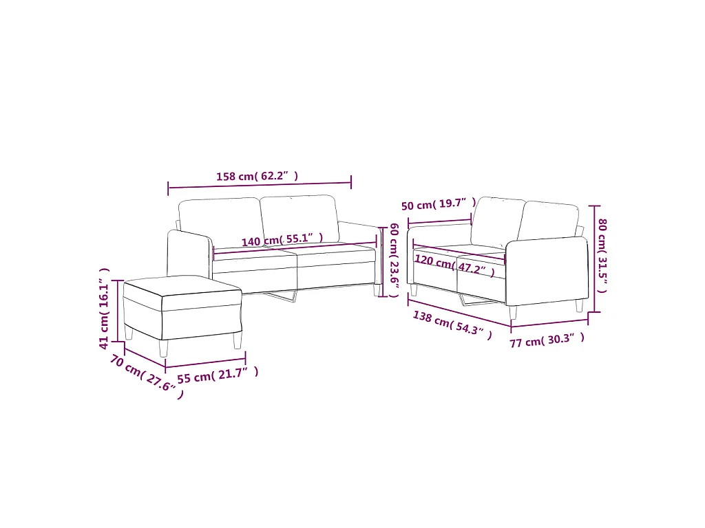 3-delige loungeset met kussens stof zwart