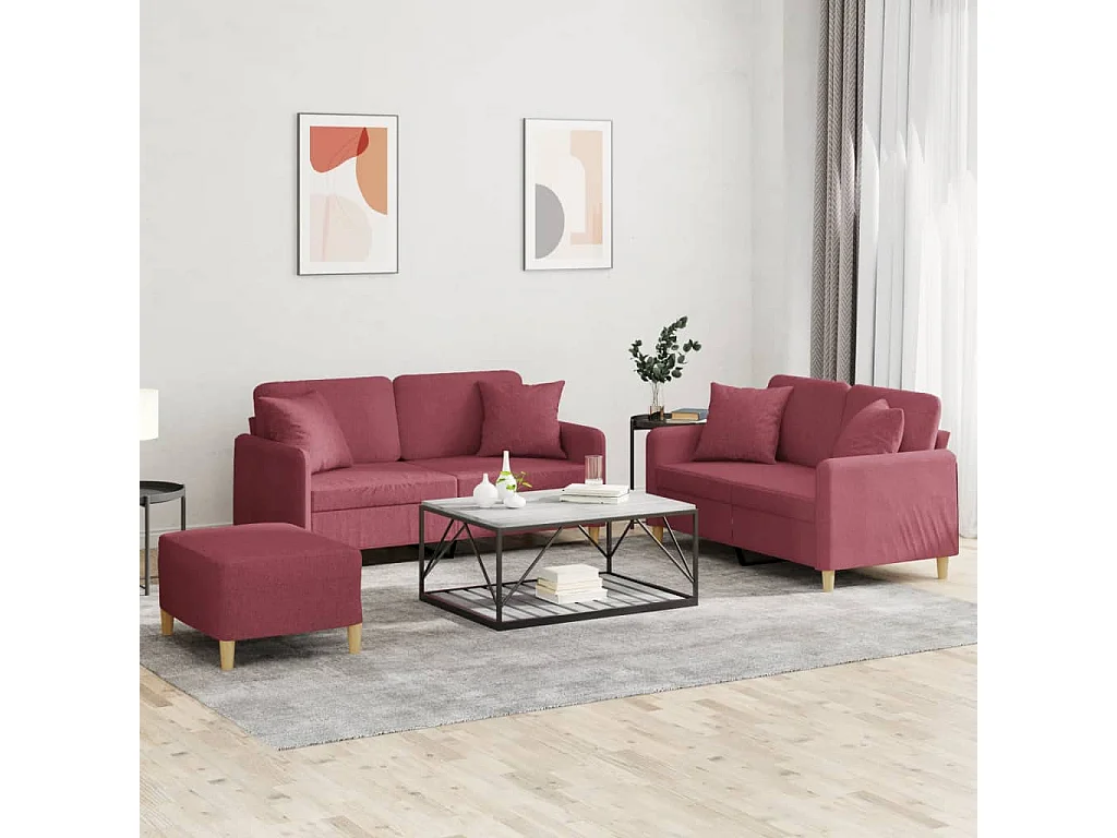 3 pcs conjunto de sofás com almofadas tecido vermelho-tinto