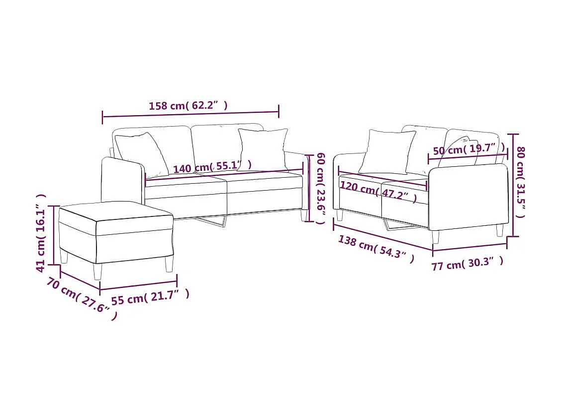 3 pcs conjunto de sofás com almofadas tecido vermelho-tinto