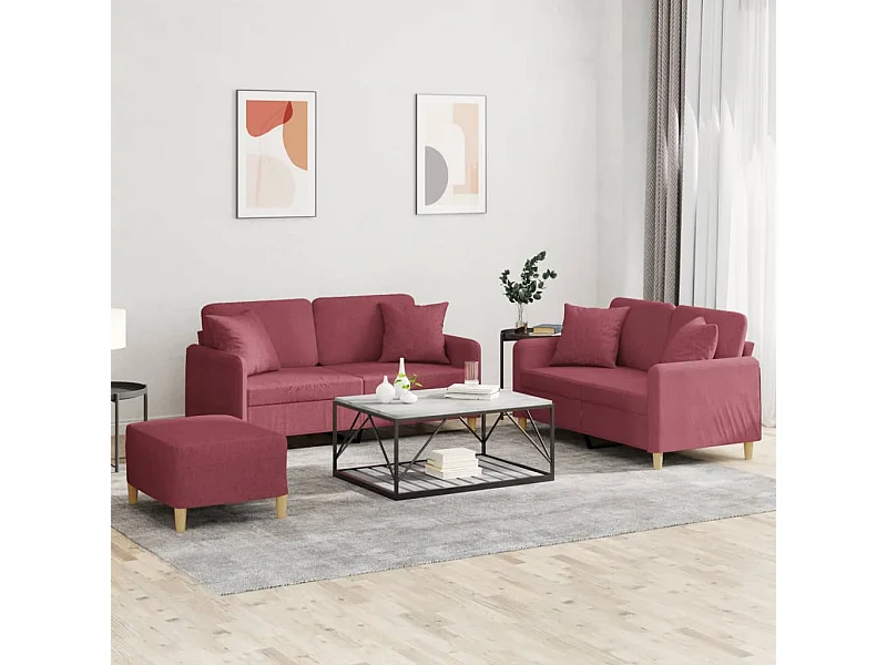 3 pcs conjunto de sofás com almofadas tecido vermelho-tinto