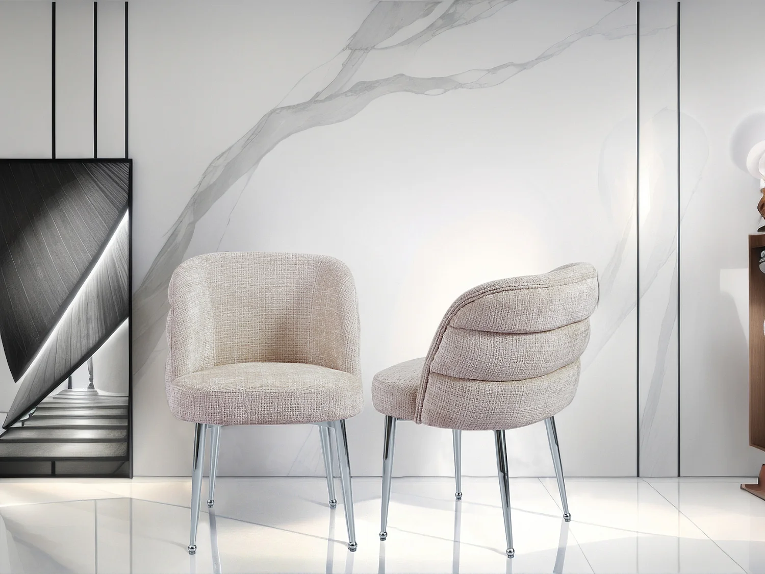 Lot de 6 chaises en chenille et métal argenté - Beige - SARA