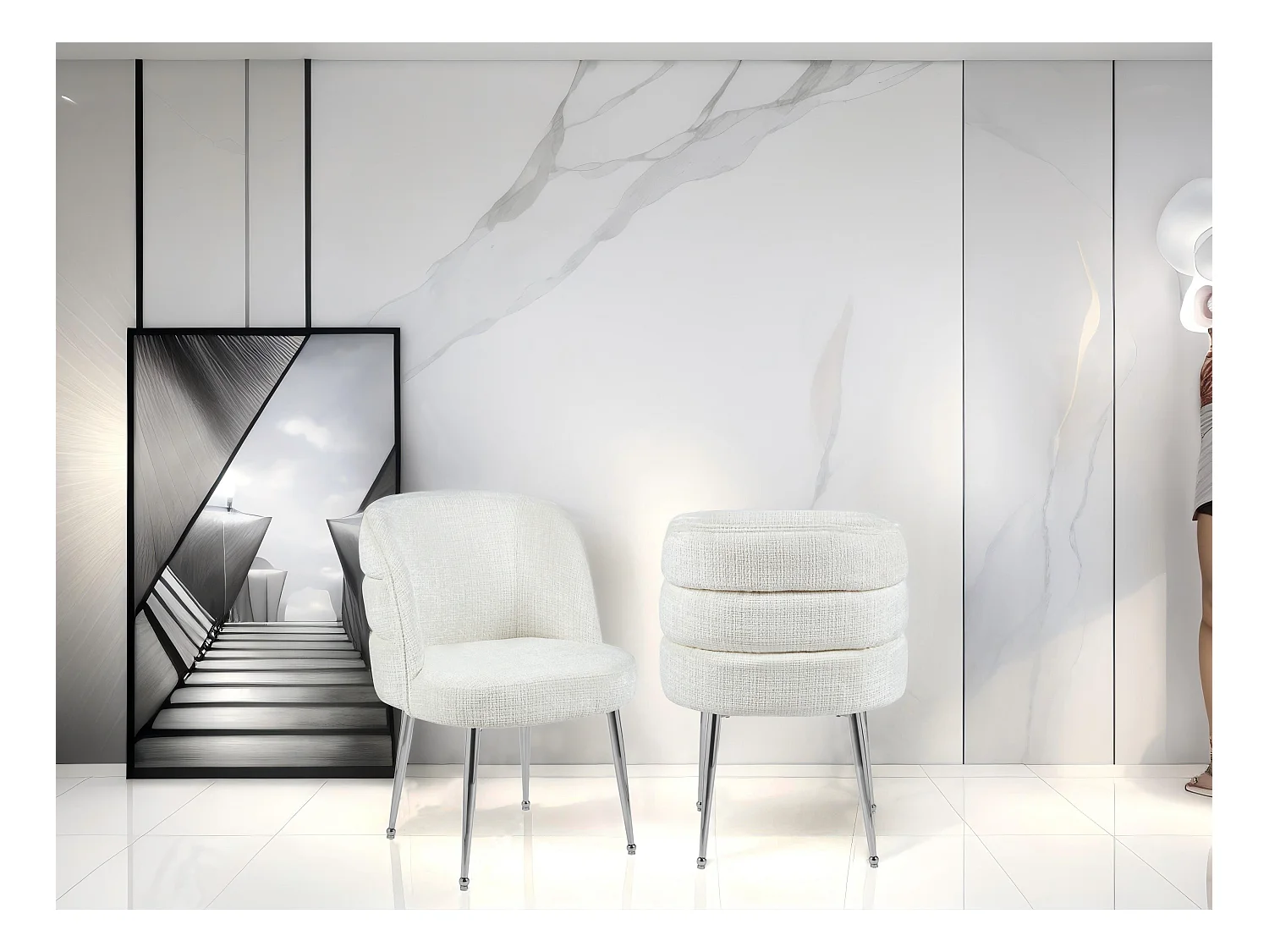 Lot de 2 chaises en chenille et métal argenté - Blanc - SARA